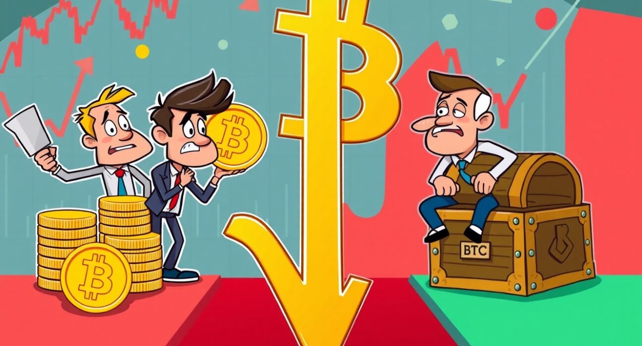 Cartoon illustration showing medium-term Bitcoin holders driving the Bitcoin sell-off while long-term investors remain steady