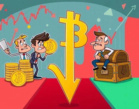 Cartoon illustration showing medium-term Bitcoin holders driving the Bitcoin sell-off while long-term investors remain steady
