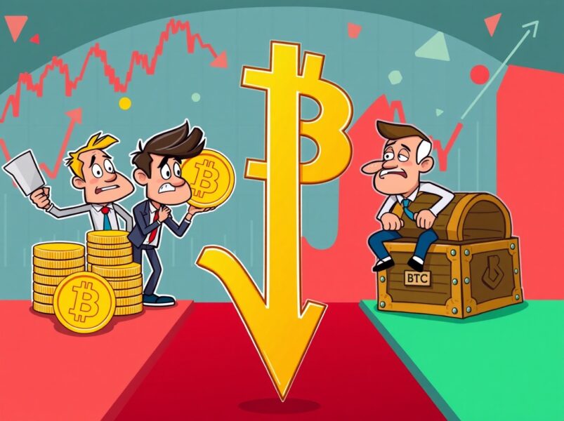 Cartoon illustration showing medium-term Bitcoin holders driving the Bitcoin sell-off while long-term investors remain steady