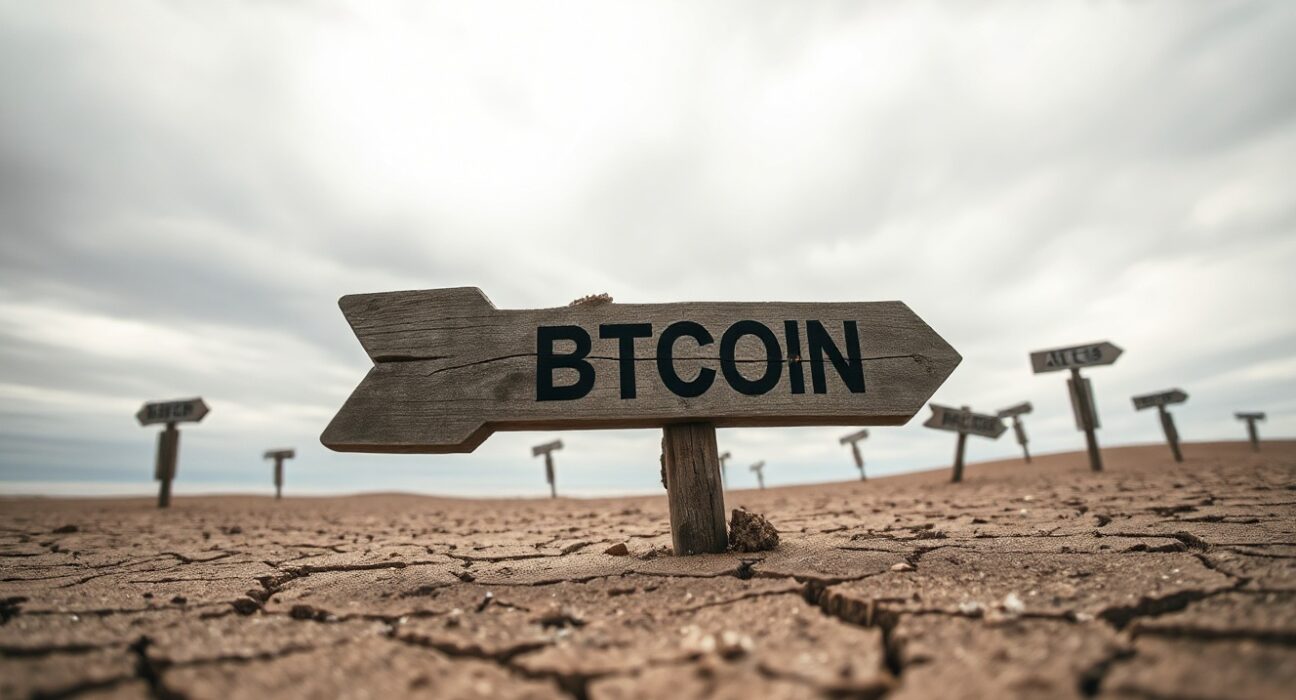 A weathered wooden signpost pointing downward with 'BTC' carved into it, set in dry cracked earth under an overcast sky.