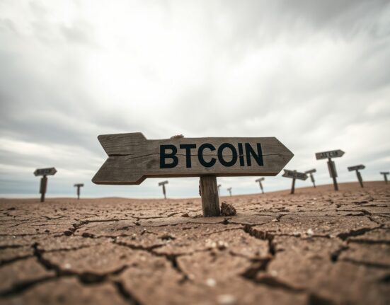 A weathered wooden signpost pointing downward with 'BTC' carved into it, set in dry cracked earth under an overcast sky.