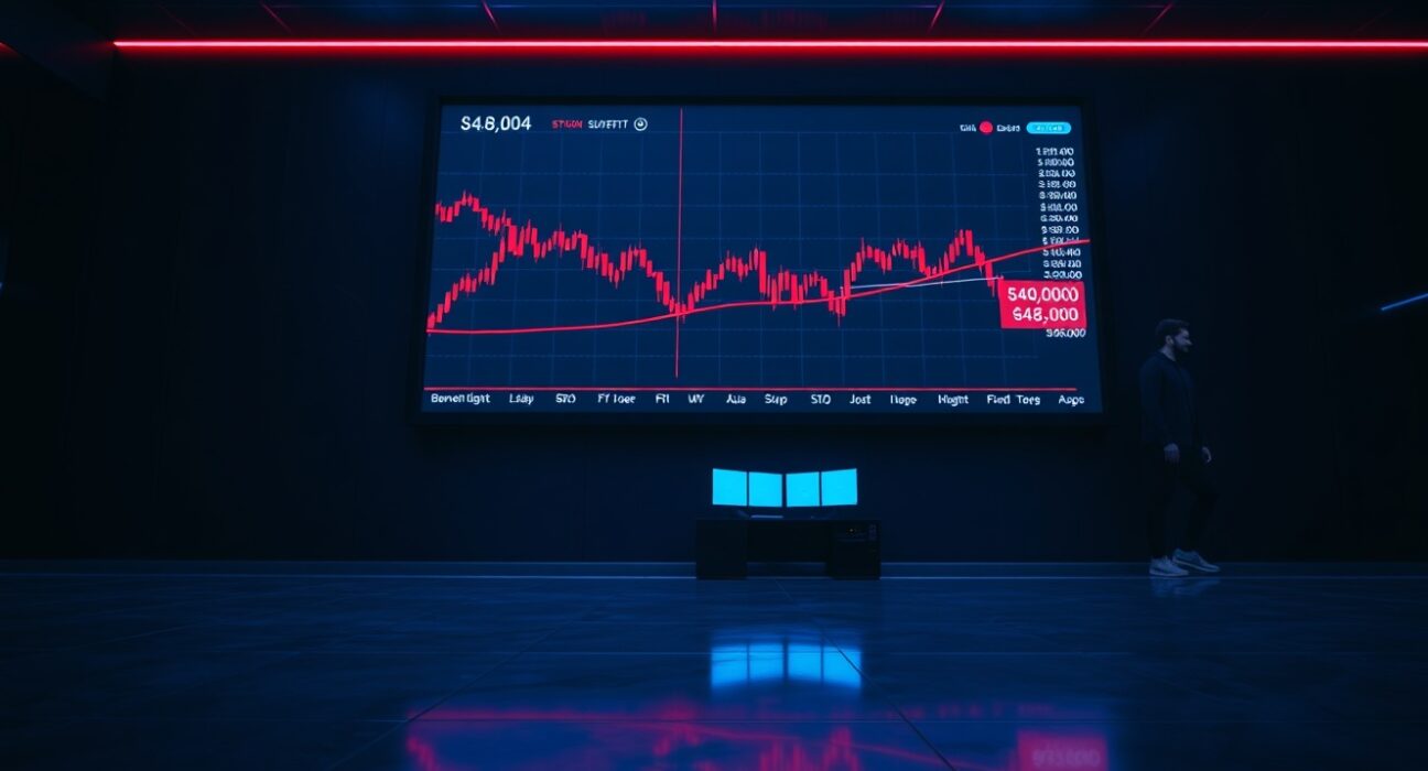 Bitcoin price chart on a trading floor display showing a downward trend and sell-off risk signals