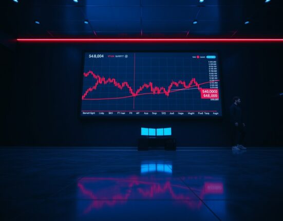 Bitcoin price chart on a trading floor display showing a downward trend and sell-off risk signals