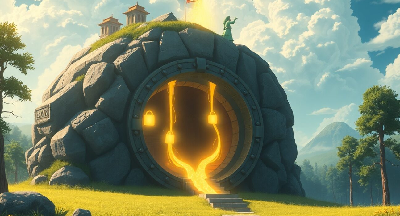 Conceptual illustration of Bitcoin's structural change making a large-scale sell-off unlikely as diverse liquidity flows into a secure vault.