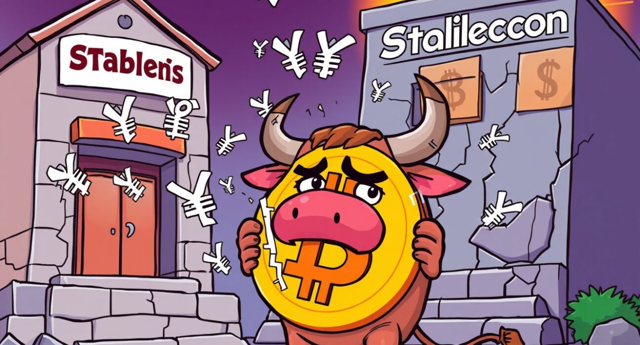 A cartoon illustration showing the intense pressure on Bitcoin from global financial forces and stablecoin instability.