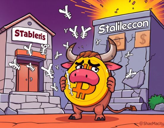 A cartoon illustration showing the intense pressure on Bitcoin from global financial forces and stablecoin instability.