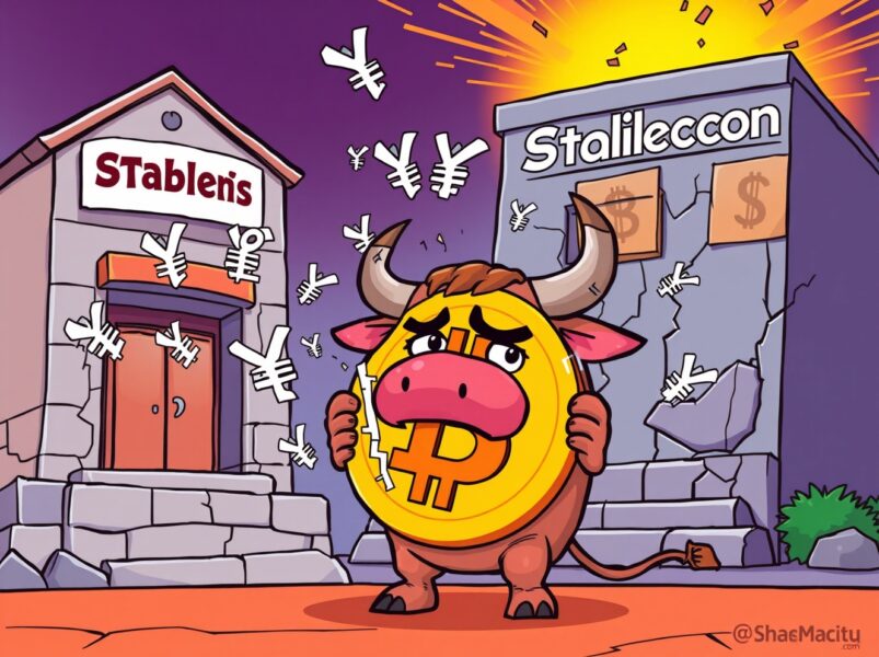 A cartoon illustration showing the intense pressure on Bitcoin from global financial forces and stablecoin instability.
