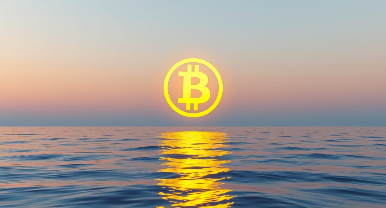 Bitcoin symbol floating above calm ocean at dusk representing reduced sell pressure