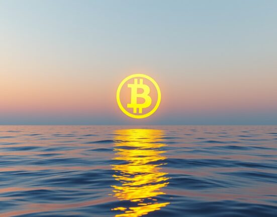 Bitcoin symbol floating above calm ocean at dusk representing reduced sell pressure