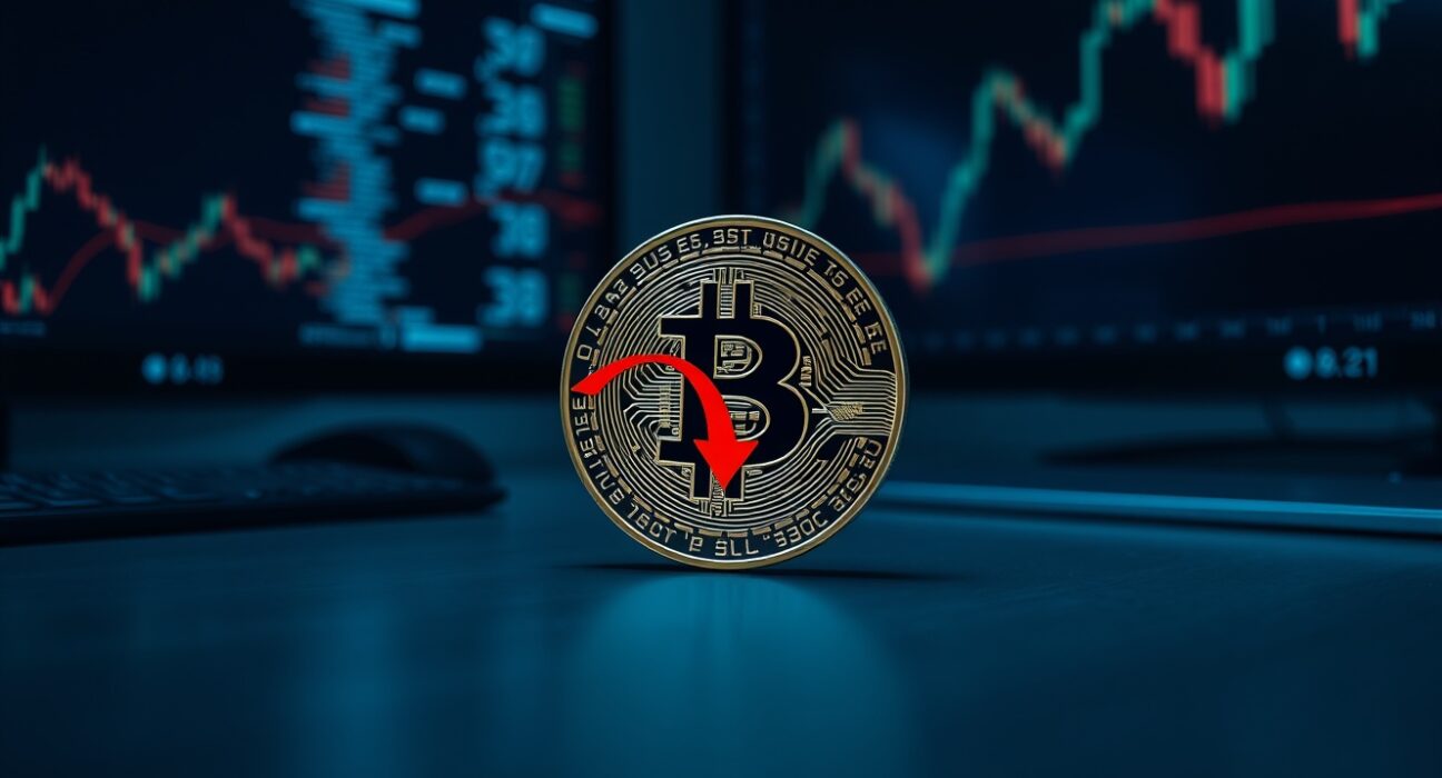 Bitcoin token with red downward arrow on dark trading desk background, representing sell pressure from short-term investors