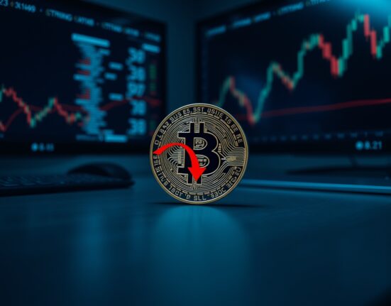 Bitcoin token with red downward arrow on dark trading desk background, representing sell pressure from short-term investors