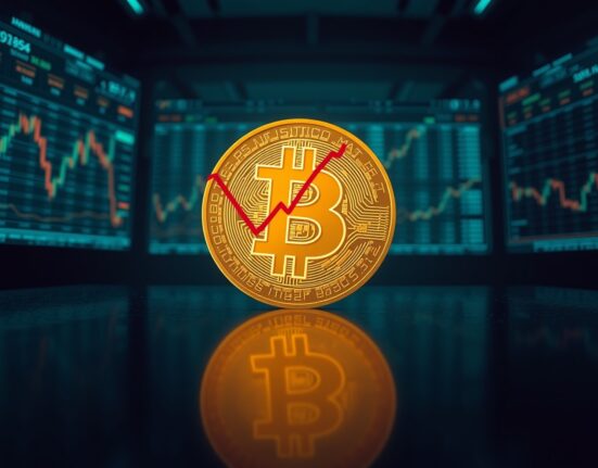 Bitcoin coin symbol on reflective surface with downward trend line representing selling pressure