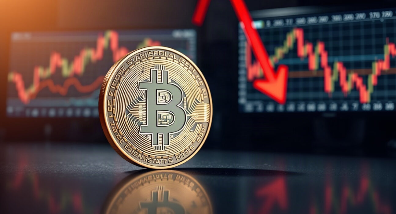 Bitcoin coin with red chart overlay symbolizing market resistance at $80K-$82K