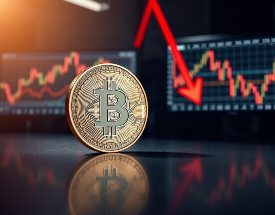 Bitcoin coin with red chart overlay symbolizing market resistance at $80K-$82K
