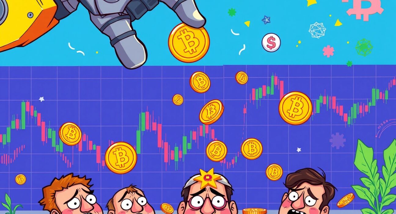 Bitcoin selling pressure shown through mechanical hand dropping coins into market