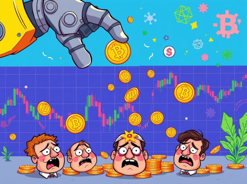 Bitcoin selling pressure shown through mechanical hand dropping coins into market