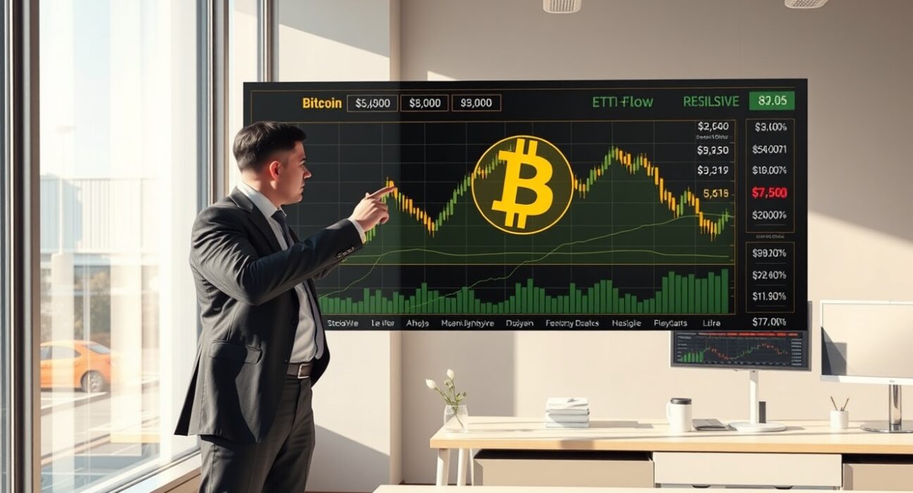 Financial analyst examining Bitcoin ETF flow data showing institutional accumulation patterns