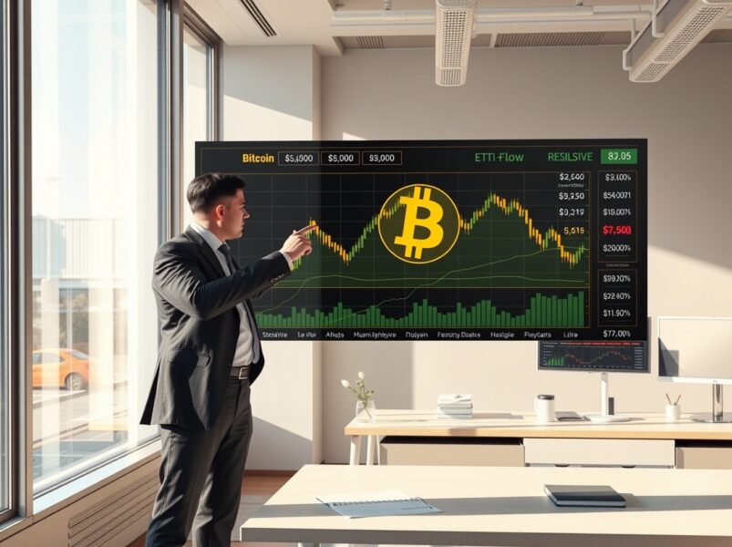 Financial analyst examining Bitcoin ETF flow data showing institutional accumulation patterns