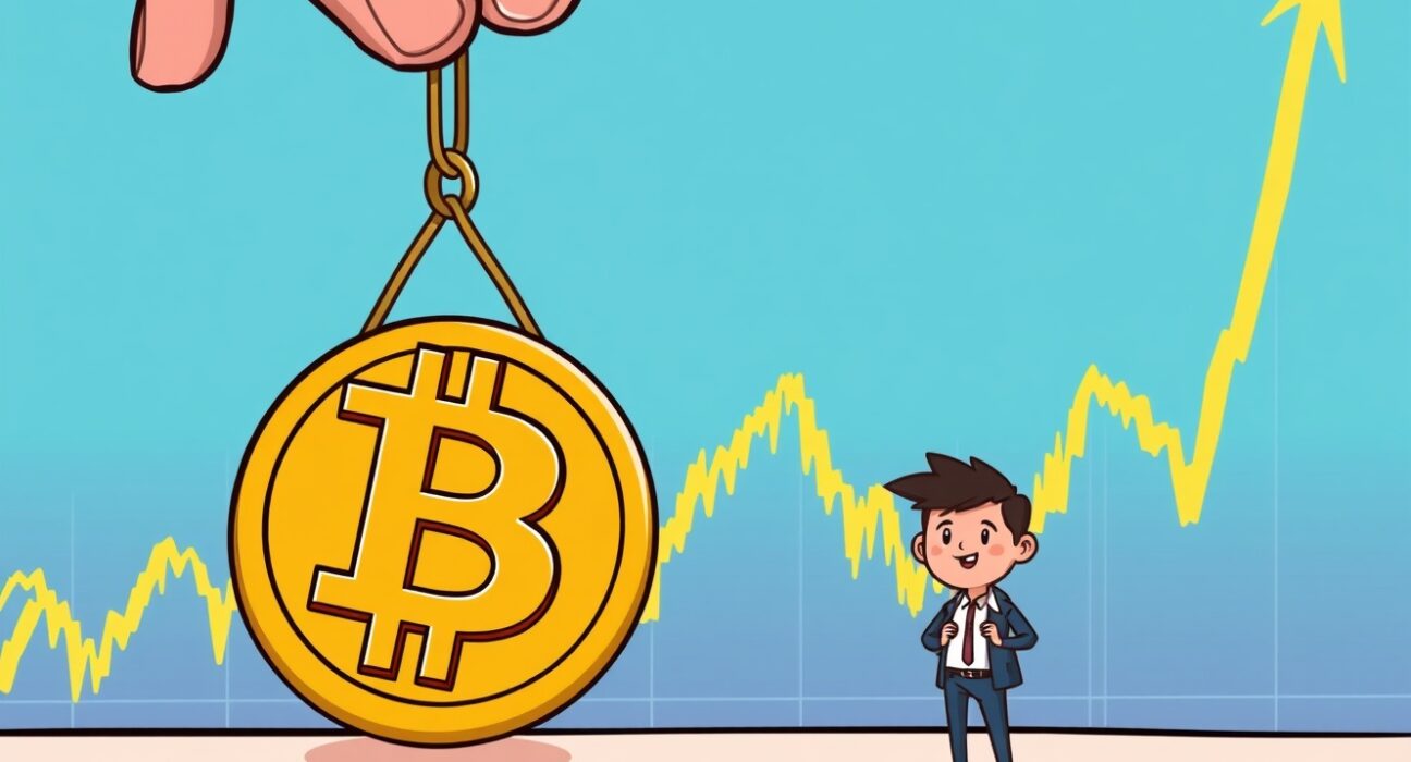 A cartoon illustration showing easing Bitcoin selling pressure as a heavy BTC symbol becomes lighter, signaling new buying opportunities.