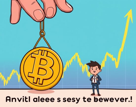 A cartoon illustration showing easing Bitcoin selling pressure as a heavy BTC symbol becomes lighter, signaling new buying opportunities.