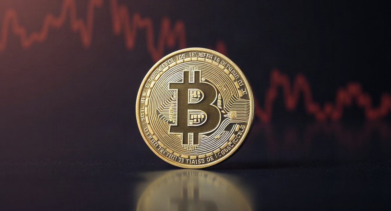 Bitcoin coin on reflective surface with chart in background, symbolizing market analysis