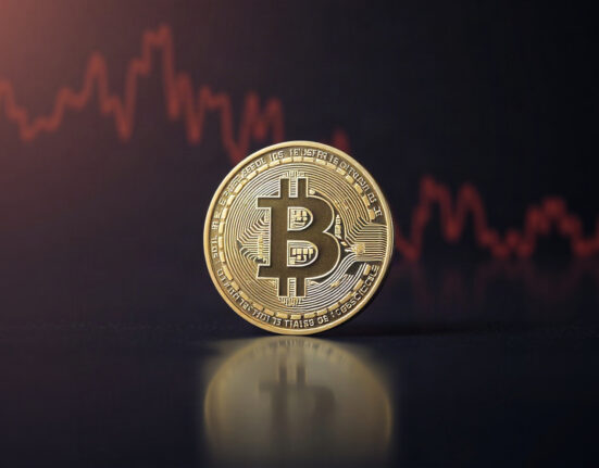 Bitcoin coin on reflective surface with chart in background, symbolizing market analysis
