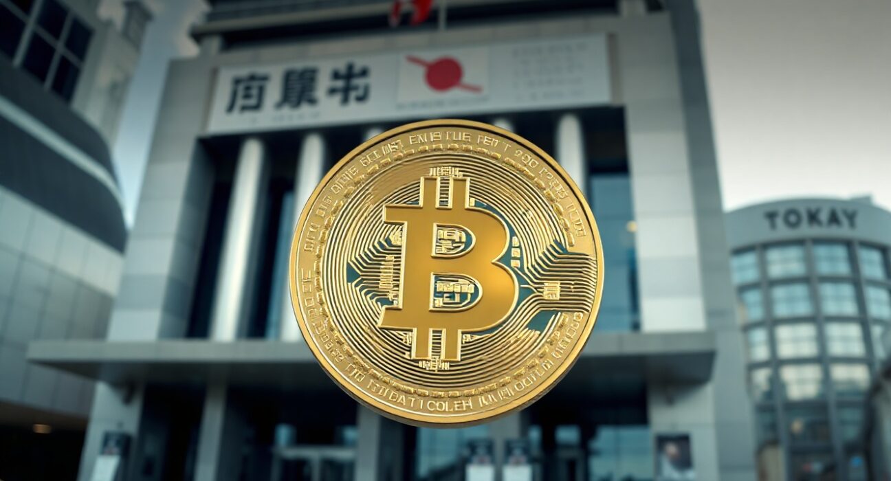 Bitcoin coin in foreground with Tokyo financial district and yen symbol in background, symbolizing market impact of Japan's yen intervention.