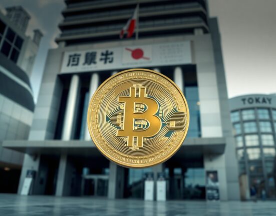 Bitcoin coin in foreground with Tokyo financial district and yen symbol in background, symbolizing market impact of Japan's yen intervention.