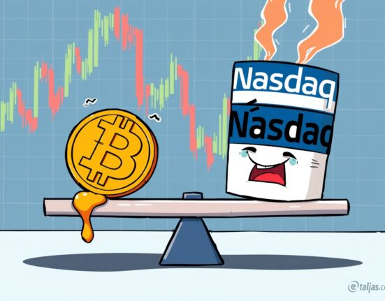 Bitcoin sensitivity illustrated as a cartoon seesaw with Nasdaq symbol weighing it down