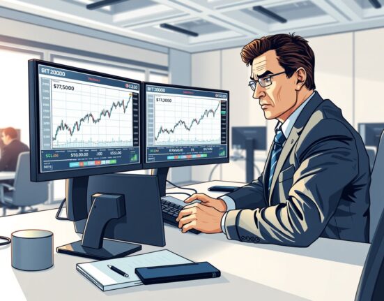Financial analyst monitors Bitcoin price charts showing bullish sentiment ahead of Federal Reserve meeting.