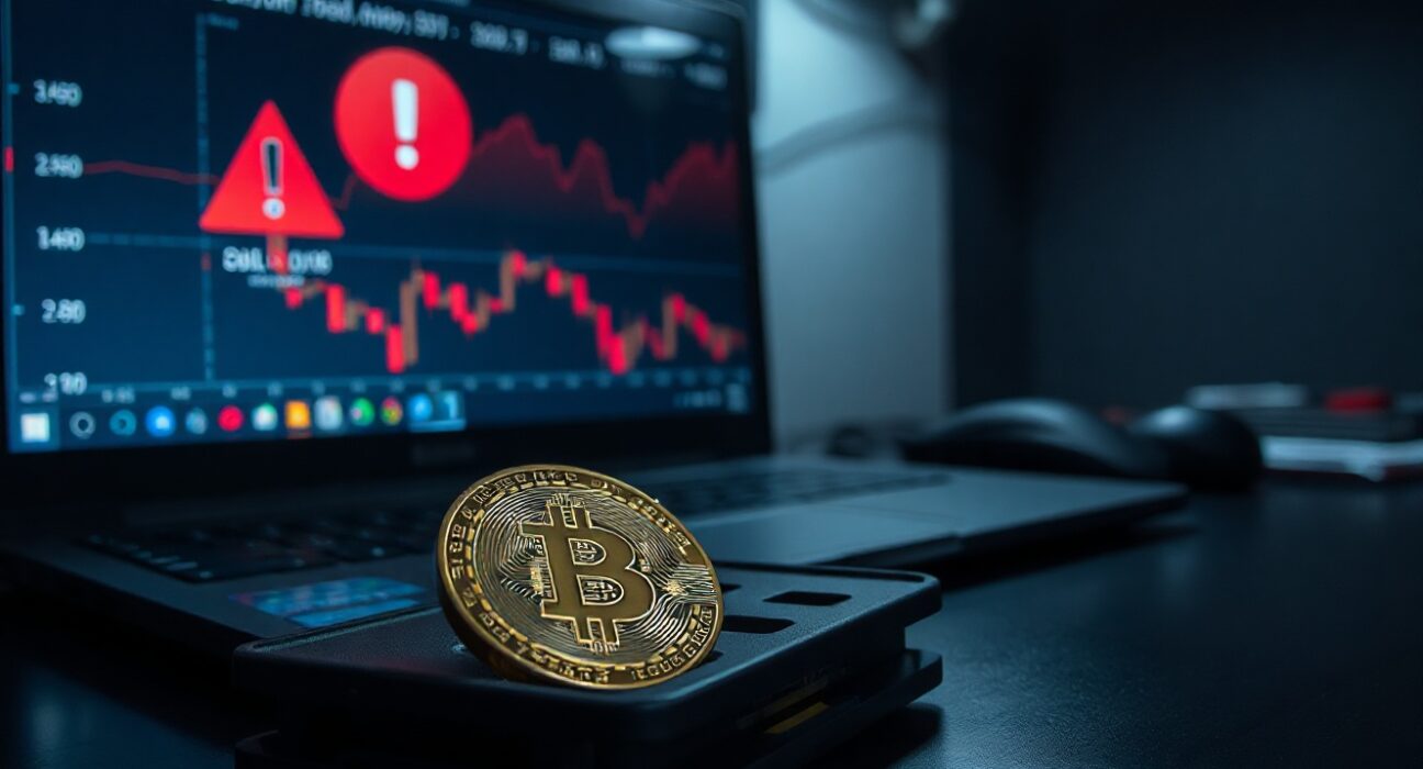 Bitcoin coin on a hardware cold wallet with a laptop showing warning charts in the background