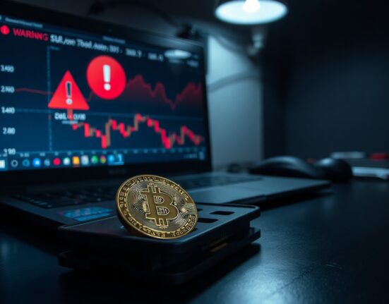 Bitcoin coin on a hardware cold wallet with a laptop showing warning charts in the background