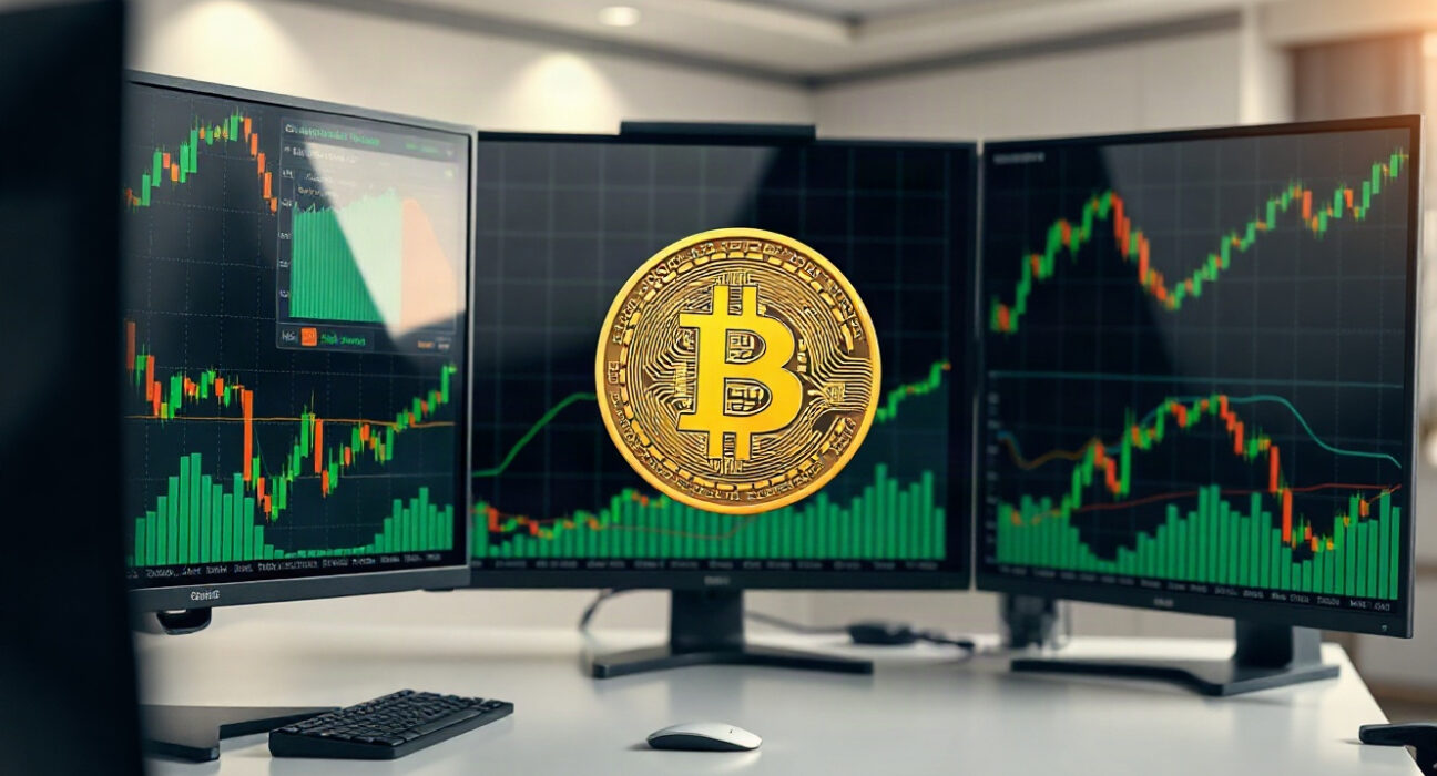 Bitcoin price charts on trading monitors showing positive trends in a professional setting