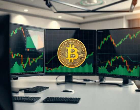 Bitcoin price charts on trading monitors showing positive trends in a professional setting
