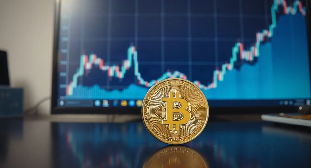 Bitcoin coin on a trading desk with a monitor showing an upward chart