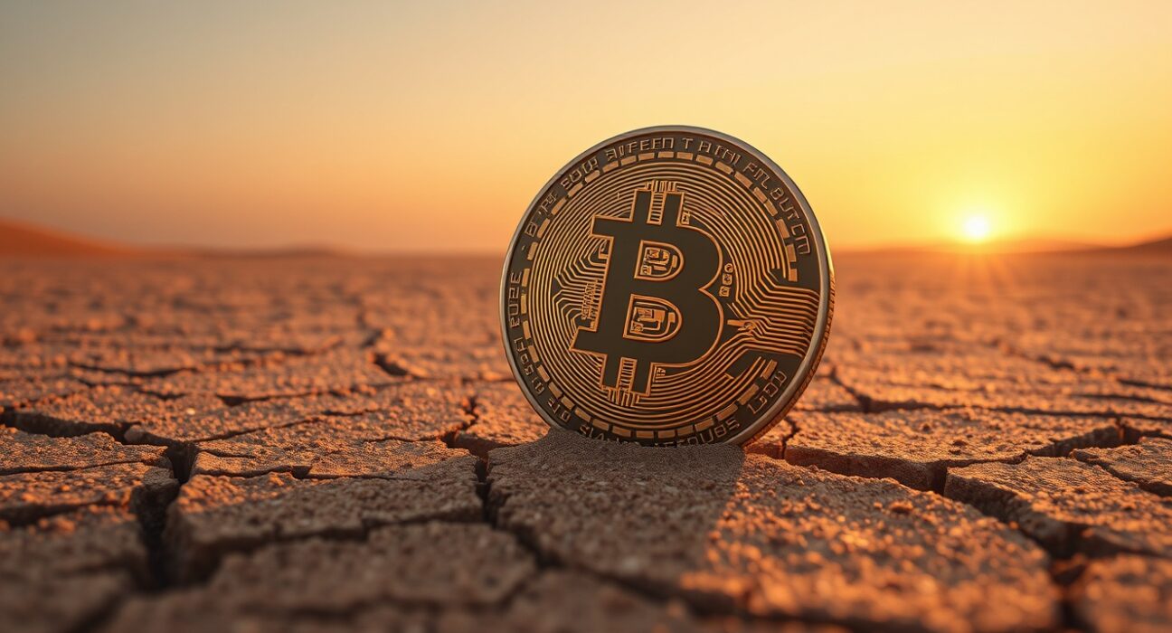 Bitcoin coin on desert floor at sunset symbolizing a mild bear market with stable support at $60,000