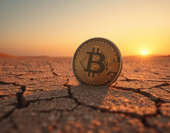 Bitcoin coin on desert floor at sunset symbolizing a mild bear market with stable support at $60,000