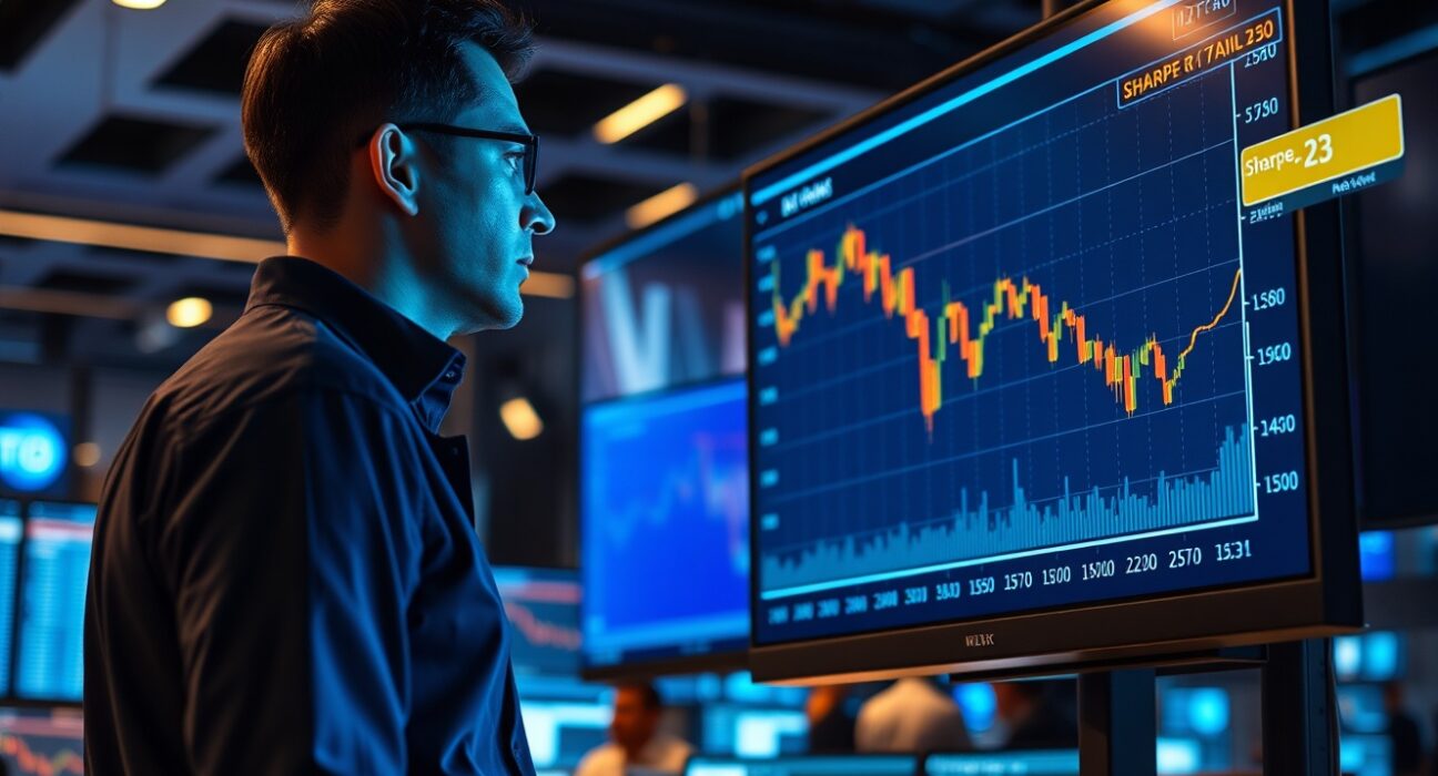 Trader analyzing Bitcoin chart with Sharpe ratio indicator showing -23 on multiple screens in a modern trading environment