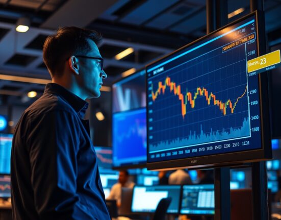 Trader analyzing Bitcoin chart with Sharpe ratio indicator showing -23 on multiple screens in a modern trading environment