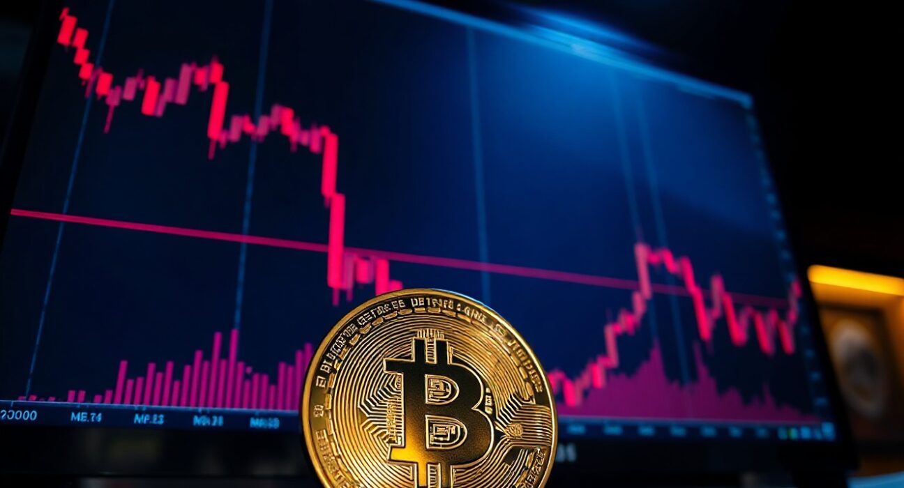 Bitcoin coin at the bottom of a dark financial chart, suggesting a potential market bottom after a sharp decline.