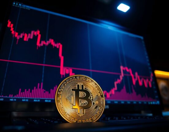 Bitcoin coin at the bottom of a dark financial chart, suggesting a potential market bottom after a sharp decline.