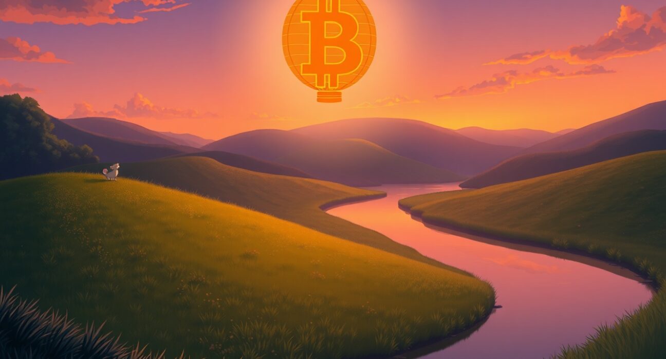 Bitcoin symbol glowing above a serene landscape, representing its new high price milestone.