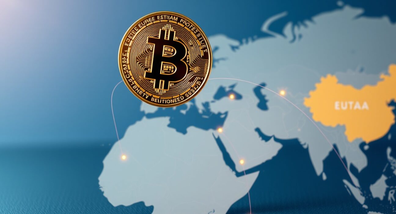 Bitcoin coin analysis over world map showing geopolitical risk impact on cryptocurrency markets.