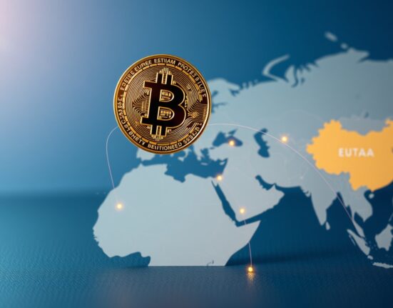 Bitcoin coin analysis over world map showing geopolitical risk impact on cryptocurrency markets.