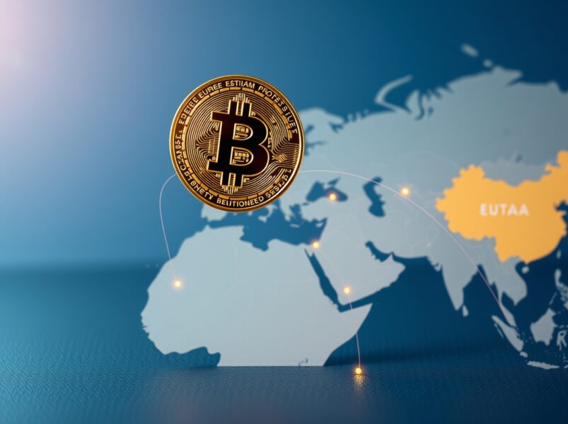 Bitcoin coin analysis over world map showing geopolitical risk impact on cryptocurrency markets.