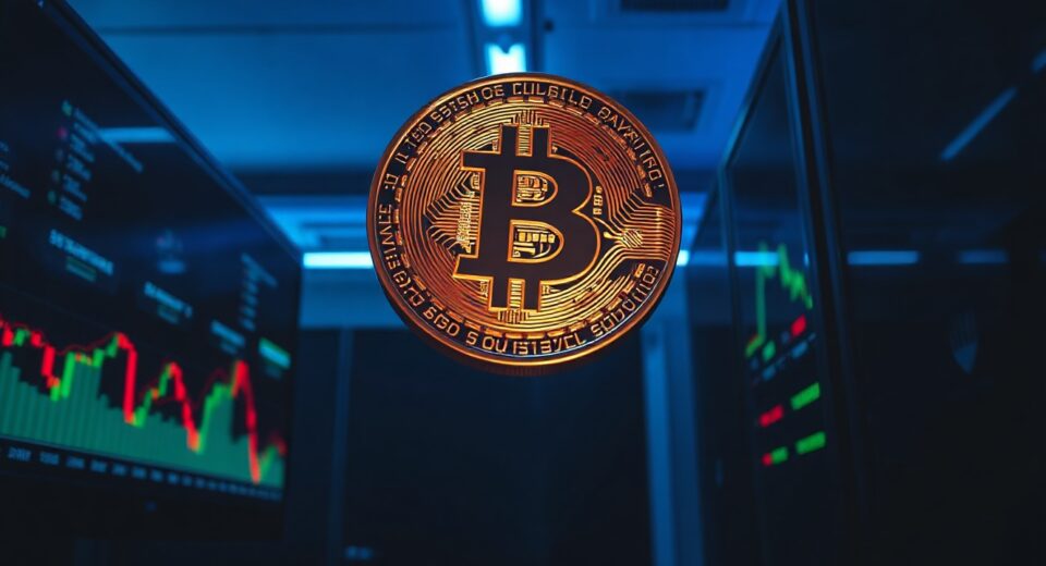 Bitcoin coin floating above trading screens with liquidation data