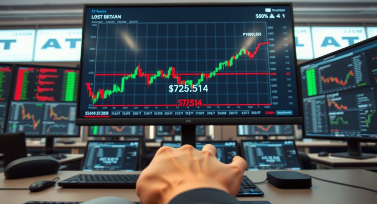 Bitcoin price chart approaching critical $75,514 liquidation threshold on trading desk monitors