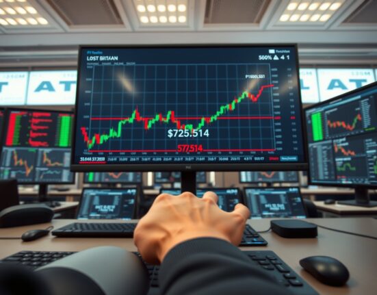 Bitcoin price chart approaching critical $75,514 liquidation threshold on trading desk monitors