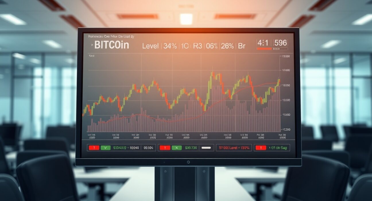 Bitcoin price chart showing critical liquidation levels for traders on a financial dashboard.