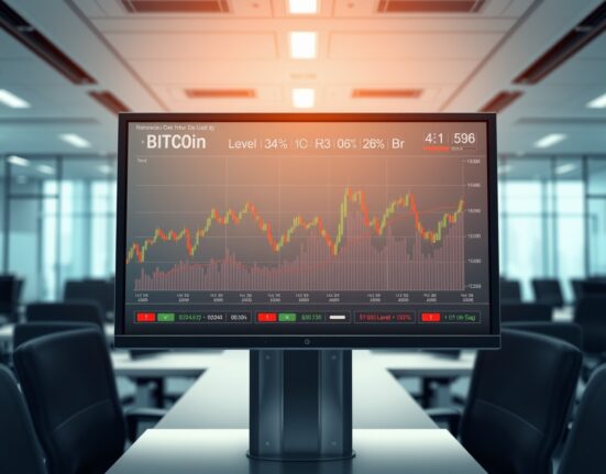 Bitcoin price chart showing critical liquidation levels for traders on a financial dashboard.